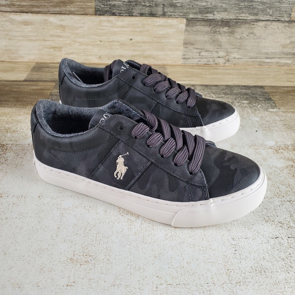 Polo Ralph Lauren Sayer Boys Shoes Sz 1 Gray Camo Cream Lace Up Low Top Sneakers